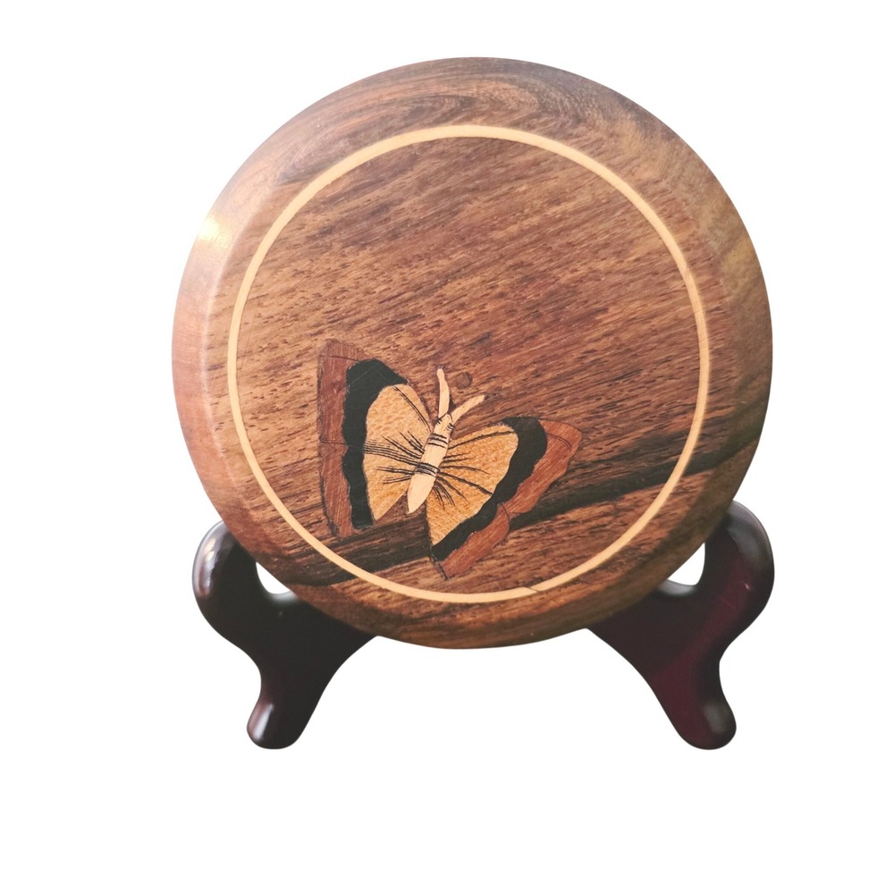 Vintage Round Wooden Butterfly Inlay Trinket Box Handcrafted Knick Knack Storage